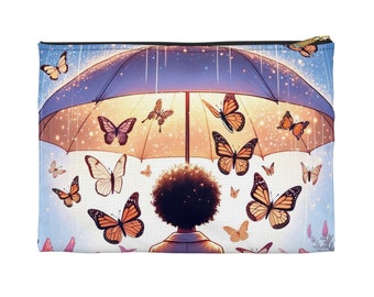 Black Woman Accessory Pouch Cosmetic Bag, Cute Travel Pouch for Black Girl, Black Woman With Butterflies, Inexpensive Gift for Sister Bday