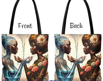 Afrocentric Art Tote Bag, Ethnic Bag, Afro American Woman Tote Bag, Black People Empowerment, Afro Hair and Flower Tote Bag, Sisterhood Gift