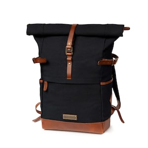 DRAKENSBERG backpack »Wyatt« Black/Brown, handmade courier backpack, hiking backpack for men made from sustainable canvas + leather.