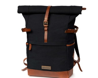 DRAKENSBERG backpack »Wyatt« Black/Brown, handmade courier backpack, hiking backpack for men made from sustainable canvas + leather.