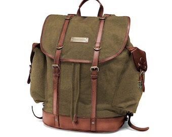 DRAKENSBERG Sac à dos »Henry« vert olive, sac à dos de randonnée & d'alpinisme fait main pour homme en toile durable + cuir de