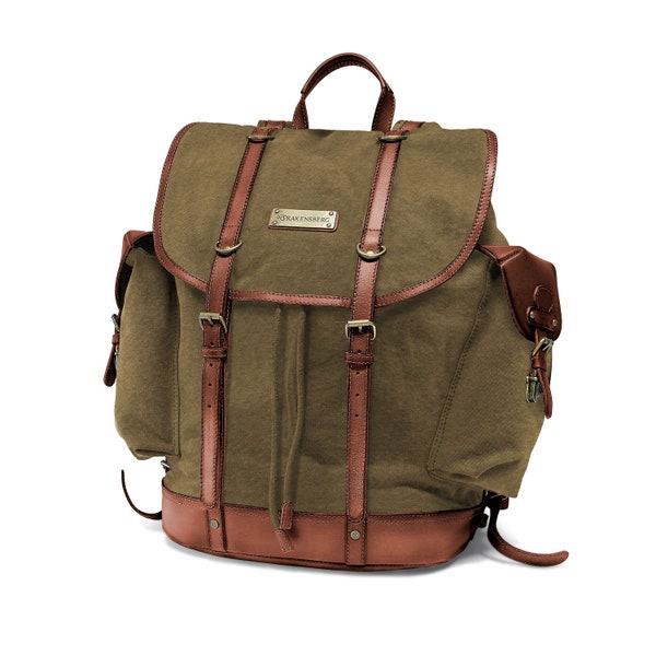 DRAKENSBERG Sac à dos »Henry« vert olive, sac à dos de randonnée & d'alpinisme fait main pour homme en toile durable + cuir de