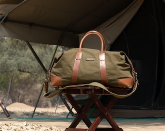 DRAKENSBERG Weekender »David« (60) Olive Green, large water-repellent canvas duffle bag with buffalo leather, travel and gym bag