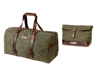 DRAKENSBERG Set Weekender »Cody« & Trousse de toilette »Otis« Forêt-Vert en toile imperméable + cuir véritable | Vintage pour hommes