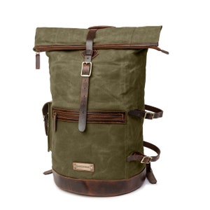 DRAKENSBERG Backpack »Dale« Forest-Green, handmade roll-top backpack for men made from waxed canvas and hardened leather