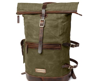 DRAKENSBERG Rugzak »Dale« Bosgroen, handgemaakte rolltop rugzak voor heren van gewaxt canvas en gehard leer