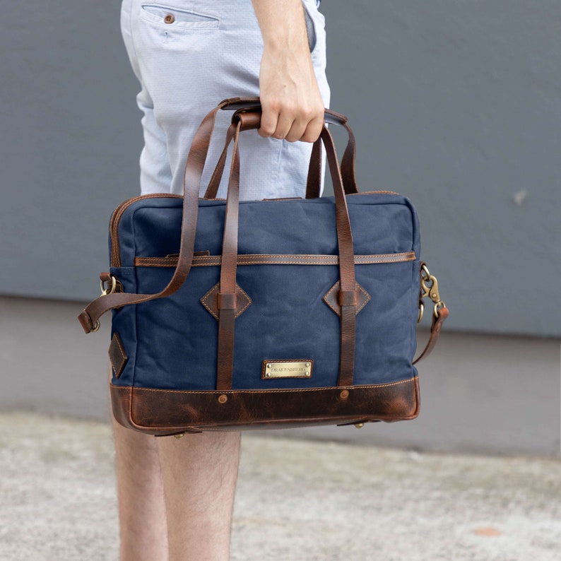 DRAKENSBERG Aktentasche Noah Ozean-Blau, handgemachte Laptoptasche & Messenger Bag für Herren aus gewachstem Canvas und gehärtetem Leder Bild 3