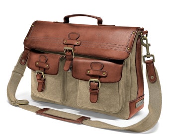 DRAKENSBERG messenger bag »Milo« Khaki-Beige, handmade vintage briefcase & shoulder bag for men | sustainable canvas + leather