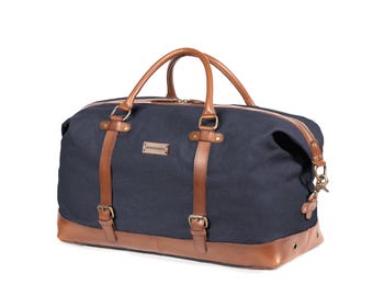 DRAKENSBERG Weekender »Owen« Navy-Blue, handmade travel bag & sports bag for men made of sustainable canvas + leather