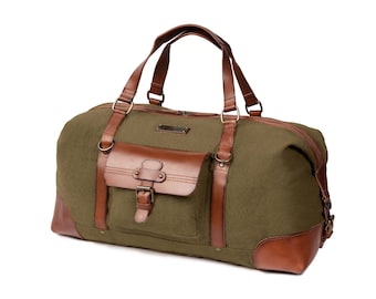 DRAKENSBERG bolsa de viaje »Sam« verde oliva, bolsa de fin de semana y deporte vintage hecha a mano para hombre hecha de lona sostenible + cuero