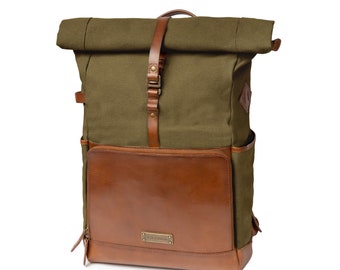 DRAKENSBERG Backpack »Arthur« Olive-Green, handmade courier backpack, hiking backpack for men | sustainable canvas + leather
