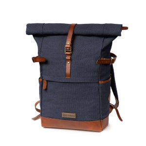 Sac à dos DRAKENSBERG &quot;Wyatt&quot; Bleu marine, sac à dos de messager fait main, sac à dos de randonnée pour hommes en toile durable et cuir