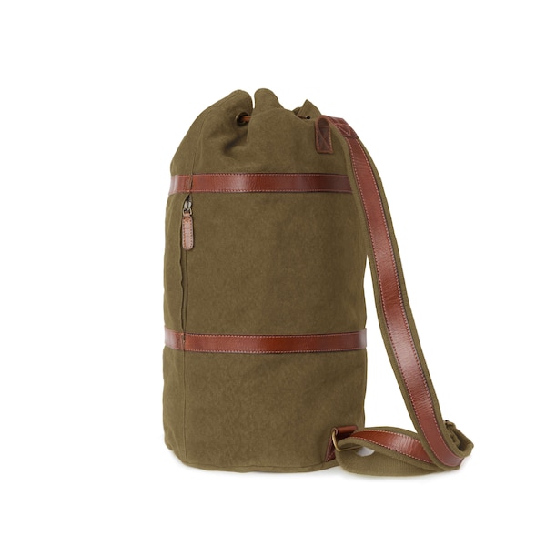 Sac marin DRAKENSBERG »Robin« (M) vert olive, sac à dos en bandoulière & sac de voyage pour hommes en toile durable + cuir, fait à la main