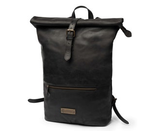 Sac à dos DRAKENSBERG »Ryan« noir vintage, sac à dos de vélo & sac à dos de coursier pour hommes, fait main, en cuirpremium durable