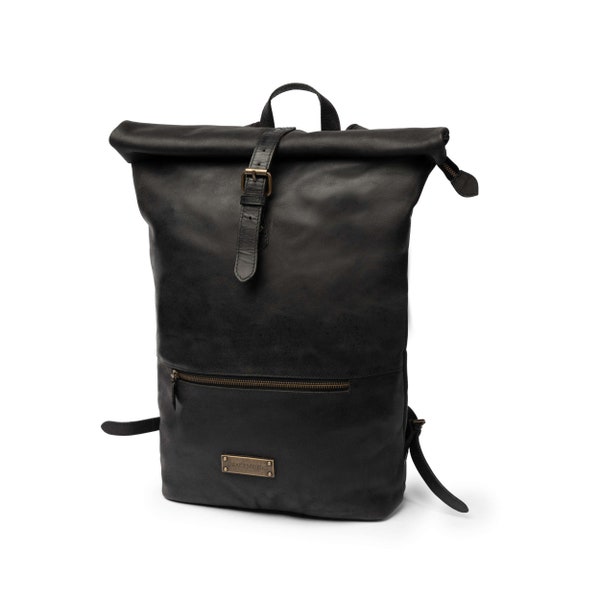 Sac à dos DRAKENSBERG »Ryan« noir vintage, sac à dos de vélo & sac à dos de coursier pour hommes, fait main, en cuirpremium durable