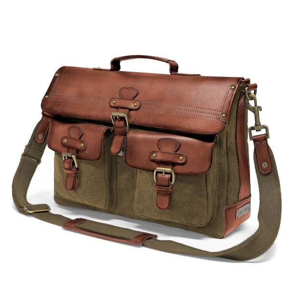 DRAKENSBERG Kuriertasche »Milo« Oliv-Grün, handgemachte vintage Aktentasche & Umhängetasche für Herren aus nachhaltigem Canvas + Leder