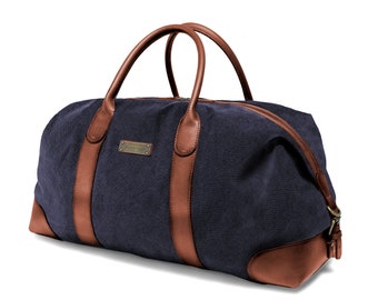 DRAKENSBERG Weekender »David« (L) Navy-Blue, handmade travel bag & sports bag for men | sustainable canvas + leather