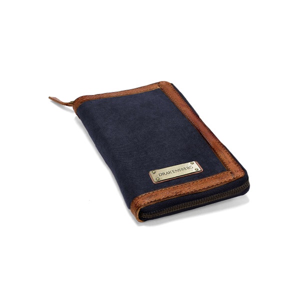 DRAKENSBERG travel wallet »Travis« Navy blue, handmade travel wallet & purse for men | sustainable canvas + leather