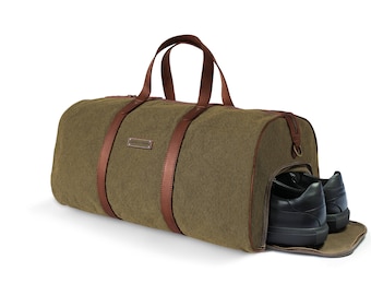 DRAKENSBERG Weekender »Toby« Olive-Green, handmade travel bag & sports bag with shoe compartment for men | sustainable canvas + leather