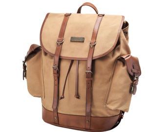 DRAKENSBERG Backpack »Henry« Khaki-Beige, handmade hiking backpack mountaineering backpack for men | sustainable canvas + leather
