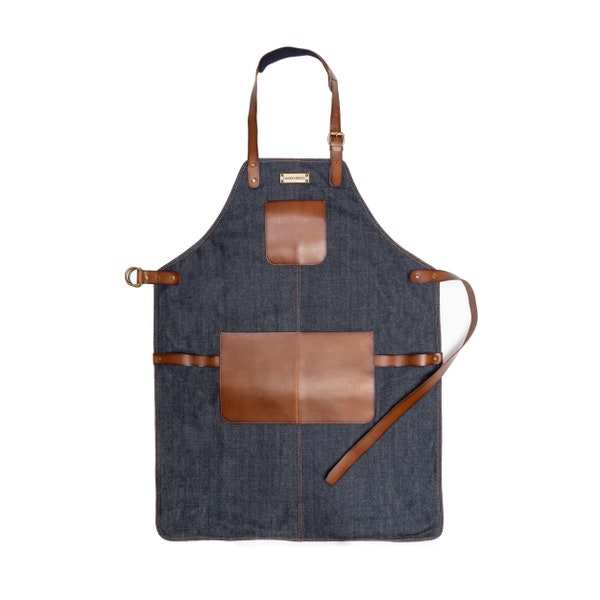 Tablier de barbecue DRAKENSBERG »Bob« Bleu Denim, Tablier de cuisine, tablier de BBQ fait main pour hommes & barista en toile durable