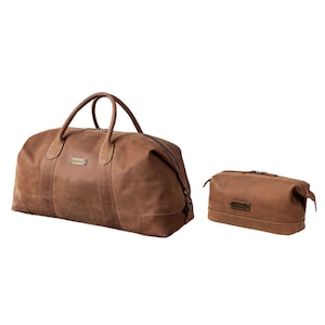 DRAKENSBERG Set Weekender »David« & Toilet Bag »Ruby« Havana-Brown | genuine leather, distinctive vintage look for women and men