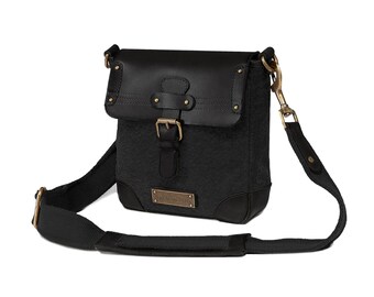 DRAKENSBERG messenger bag »Mila« Black, handmade vintage shoulder bag for men and women | sustainable canvas + leather