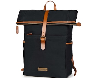 DRAKENSBERG Backpack »Archie« Black/Brown, handmade roll-top backpack, messenger backpack for men made of sustainable canvas + leather