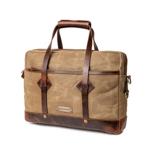 DRAKENSBERG Sac d'affaires »Noah« Kaki-Sable, sac pour ordinateur portable et sac messager fait main pour hommes, toile cirée et cuir durci