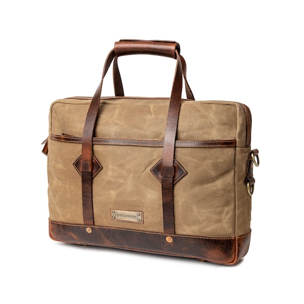 DRAKENSBERG Briefcase »Noah« Khaki-Sand, handcrafted laptop bag & messenger bag for men made from waxed canvas and hardened leather