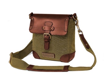 DRAKENSBERG Kuriertasche »Mila« Oliv-Grün, handgemachte vintage Umhängetasche für Damen und Herren aus nachhaltigem Canvas + Leder