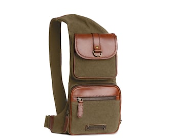 DRAKENSBERG Shoulder Backpack »Mateo« Olive-Green, Handmade Shoulder Bag & Slinger for Men made of Sustainable Canvas + Leather