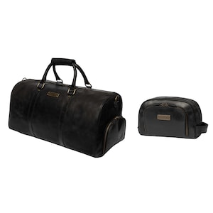 DRAKENSBERG Set Weekender mit Schuhfach »Finn« & Kulturbeutel »Ben« Vintage-Schwarz aus echtem Leder | Retro für Damen und Herren