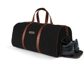 DRAKENSBERG Weekender »Toby« Black/Brown, handmade travel bag & sports bag with shoe compartment for men | sustainable canvas + leather