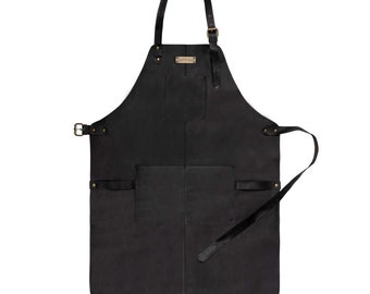 DRAKENSBERG Barbecue Apron »Bob« Vintage-Black, handmade cooking apron, kitchen apron for men & barista | sustainable premium leather
