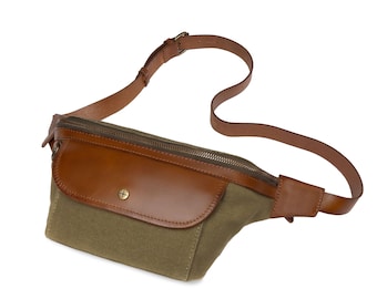 DRAKENSBERG sac banane »Sean« vert olive, sac banane & sac bandoulière fait à la main pour hommes en toile durable et cuir