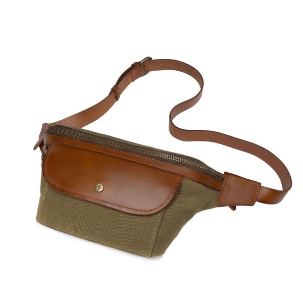 DRAKENSBERG sac banane »Sean« vert olive, sac banane & sac bandoulière fait à la main pour hommes en toile durable et cuir