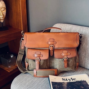 DRAKENSBERG Kuriertasche Milo Oliv-Grün, handgemachte vintage Aktentasche & Umhängetasche für Herren aus nachhaltigem Canvas Leder Bild 3