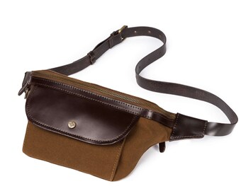 DRAKENSBERG fanny pack »Sean« umbra-brown, handmade waist bag & shoulder bag for men made from sustainable canvas + leather