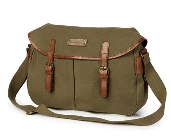 DRAKENSBERG Messenger Bag »Felix« verde oliva, maletín vintage compacto y bolso de hombro para hombre hecho de lona sostenible + cuero