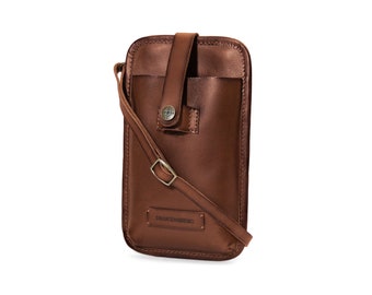 DRAKENSBERG Phone Bag "Vic" vintage brown, leather cross body smartphone bag with coin and credit card compartment for men