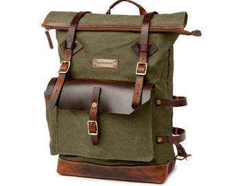 DRAKENSBERG Backpack »Adam« Forest-Green, handmade roll-top backpack for men made from waxed canvas and hardened leather