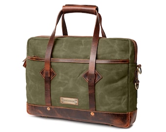 DRAKENSBERG Briefcase »Noah« Forest-Green, handcrafted laptop bag & messenger bag for men made from waxed canvas and hardened leather