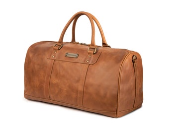 DRAKENSBERG Weekender »John« Marron cannelle, sac de voyage et sac de sport fait main pour hommes en cuir premium durable.