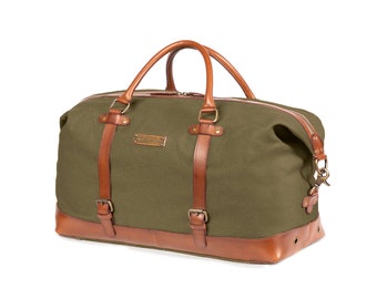 DRAKENSBERG Weekender »Owen« Olive-Green, handmade travel bag & sports bag for men made of sustainable canvas + leather