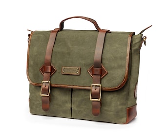 Maletín DRAKENSBERG »Marty« verde bosque, bolso para portátil hecho a mano y bolso de mensajero para hombre hecho de lona encerada y cuero endurecido