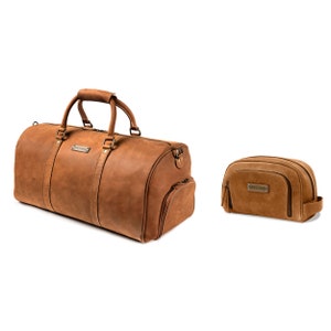 DRAKENSBERG Set Weekender mit Schuhfach »Finn« & Kulturbeutel »Ben« Cognac-Braun aus echtem Leder | Vintage für Damen und Herren