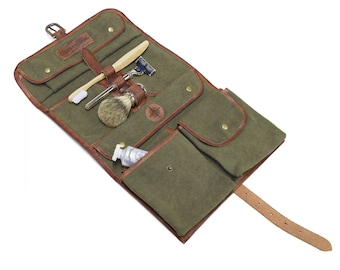 DRAKENSBERG Toilet Bag »Sid« Olive-Green, handmade toilet bag & wash bag to hang up for men | sustainable canvas + leather