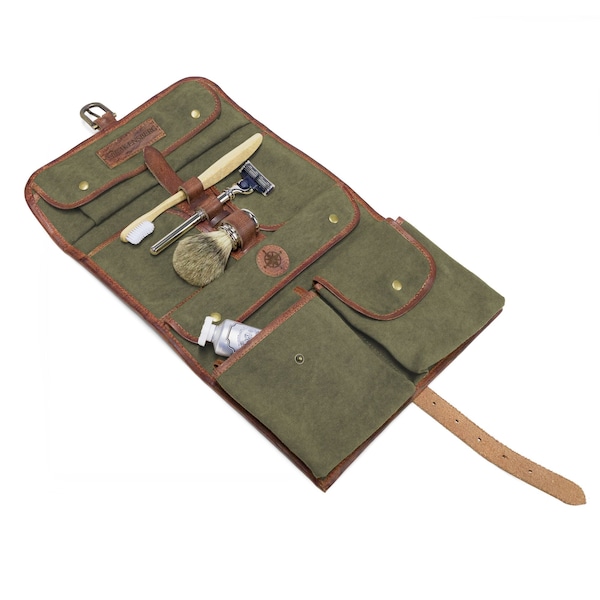 DRAKENSBERG Trousse de toilette »Sid« vert olive, trousse de toilette pour homme en toile et cuir durables, faite à la main