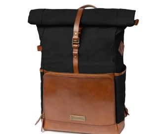 DRAKENSBERG Backpack »Arthur« Black, handmade courier backpack, hiking backpack for men | sustainable canvas + leather